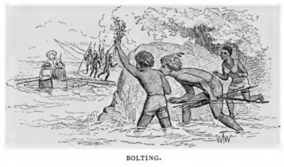 A sketch titled 'Bolting', which appears to show a recruiting boat either escaping an ambush, or three hidden Islanders attempting to leave their island without permission (click to embiggen)