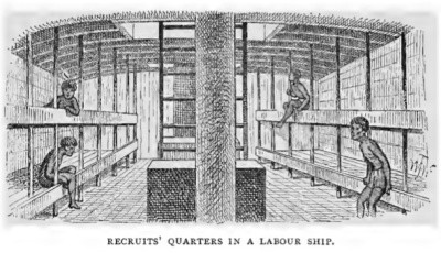 Recruits' quarters in a labour ship, showing the long wooden shelves for sleeping (click to embiggen)