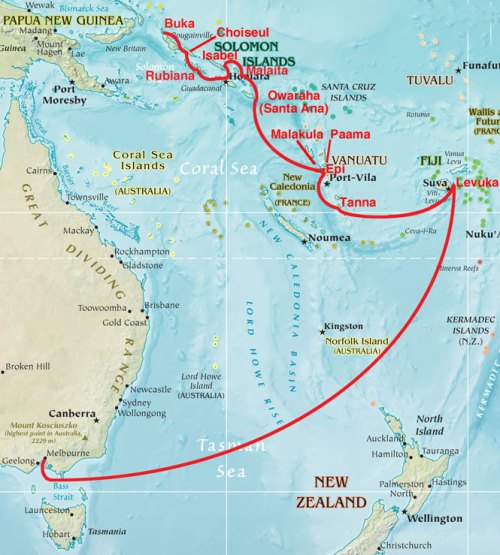The first voyage of the Carl from Melbourne, stopping at Levuka in Fiji, then Tanna, Epi, Paama and Malakula in Vanuatu, then Owaraha (Santa An), Malaita, Isabel, Guadalcanal, Rubiana Lagoon and Choisel in the Solomon Islands, then finally Bougainville and Buka Passage in Papua New Guinea